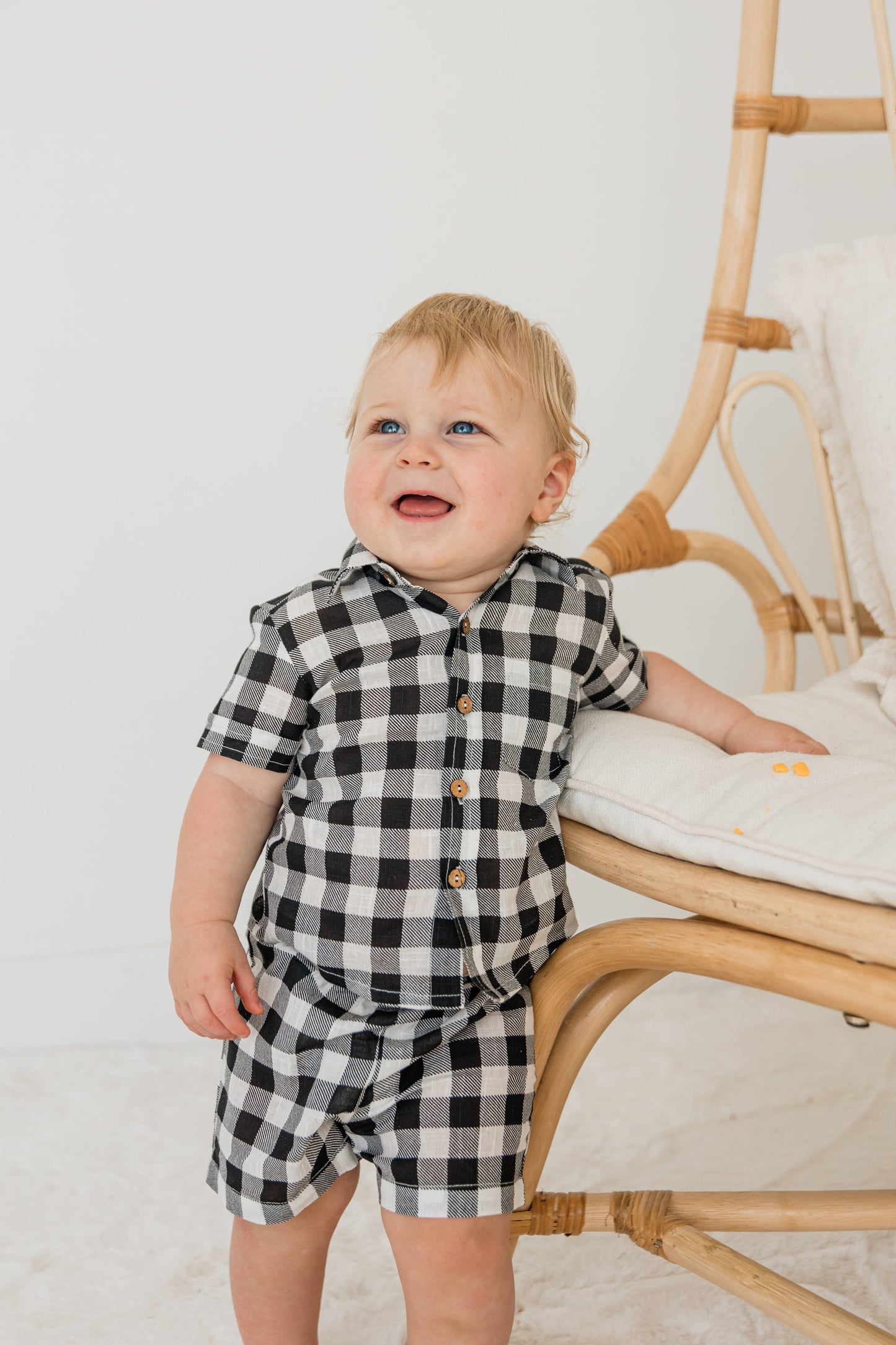 Black Checker Print Shirt & Shorts Set