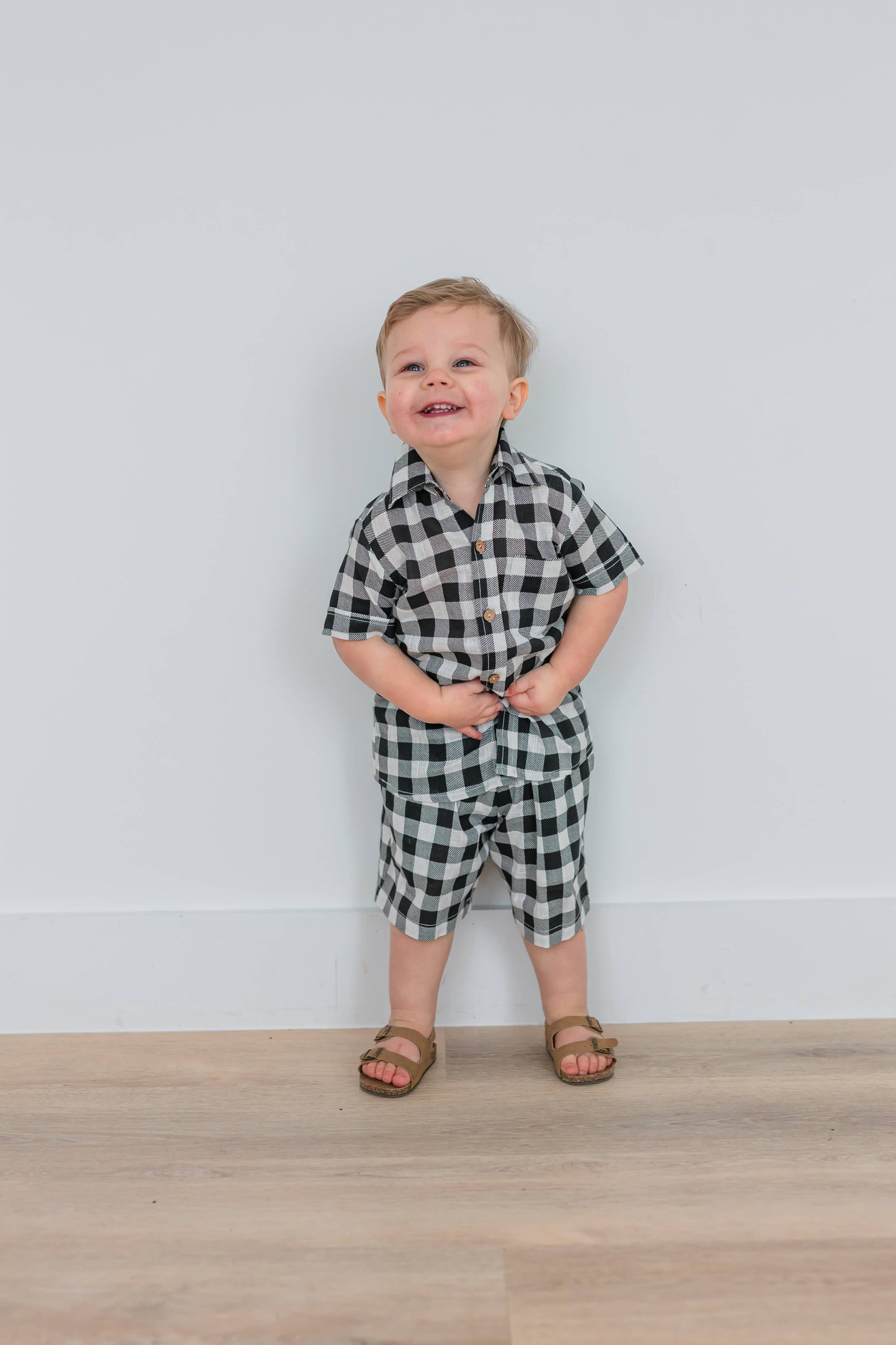 Black Checker Print Shirt & Shorts Set