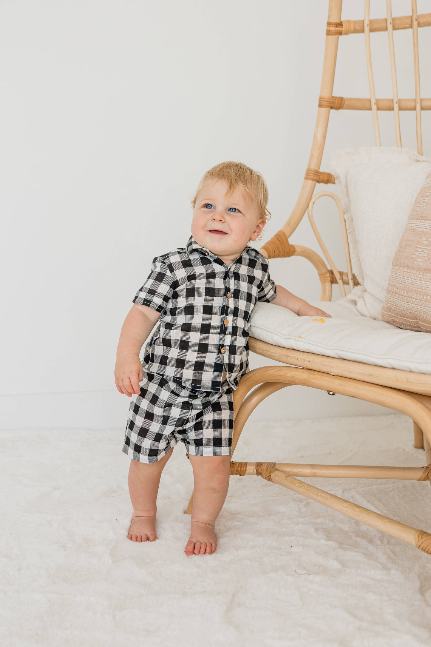 Black Checker Print Shirt & Shorts Set