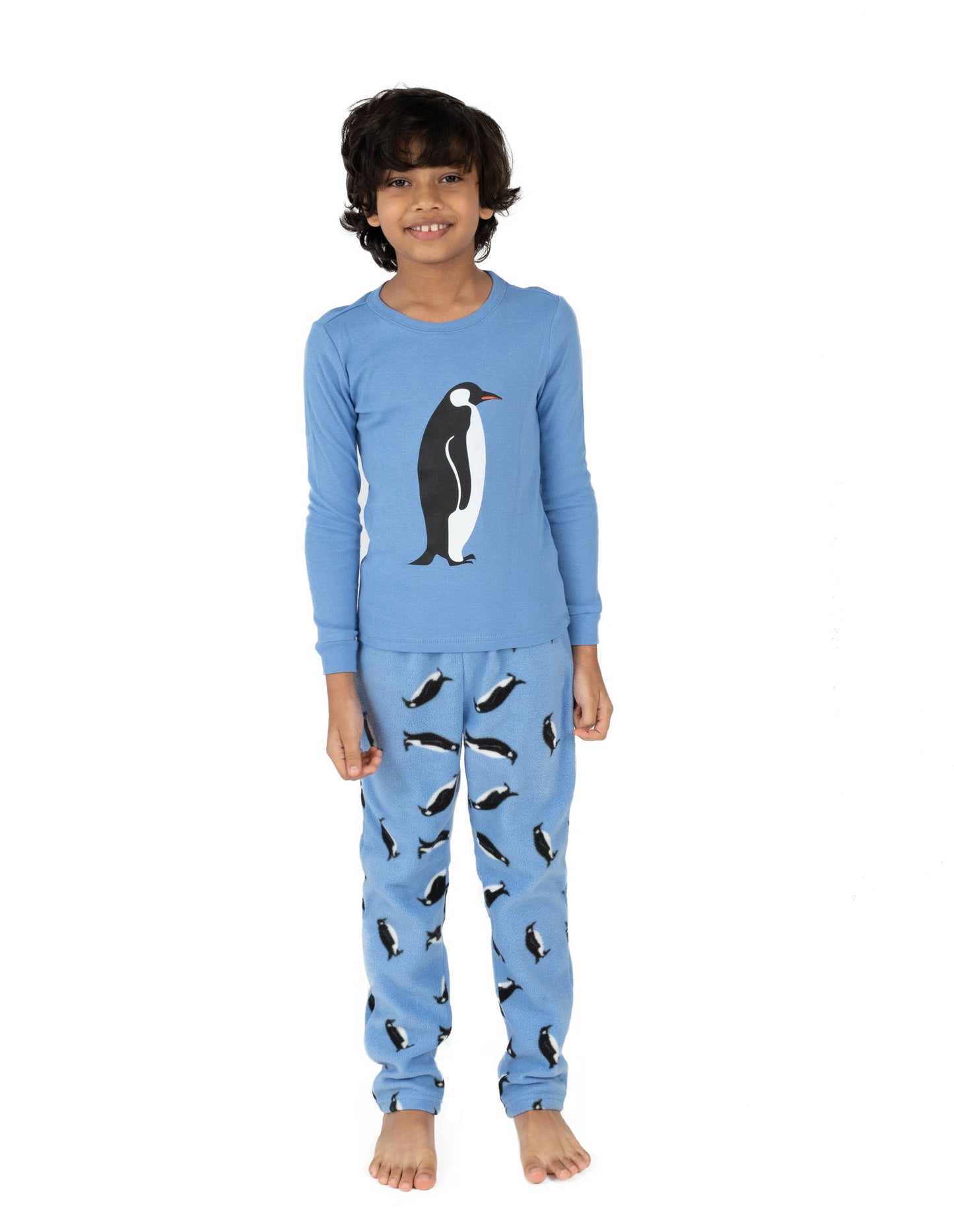 Kids Cotton Top & Fleece Pants Penguin Pajamas