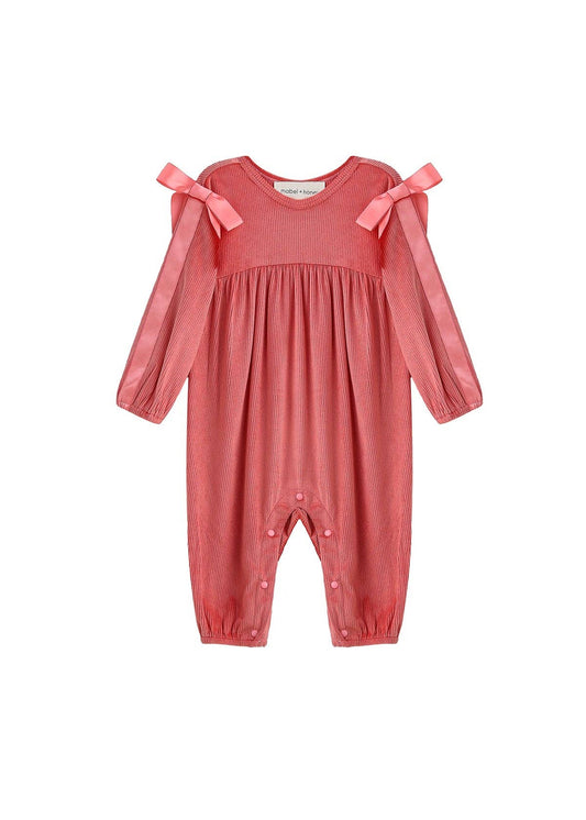 Poppy Rose Long Sleeve Solid Ribbon Tie Bubble Romper