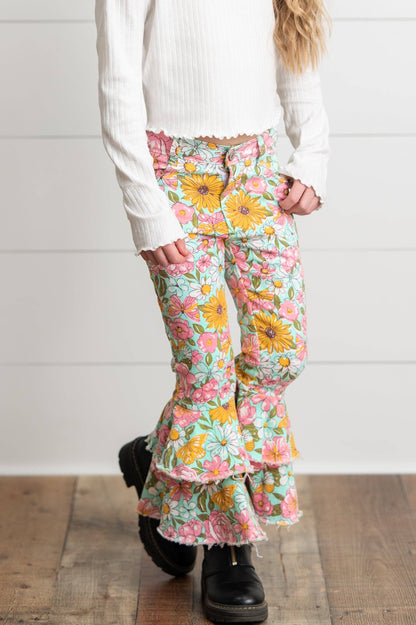 Kids Flower Double Ruffle Denim Jeans