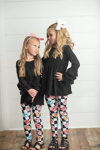 Black & White Check Smiley Face Ruffle Top Leggings Set