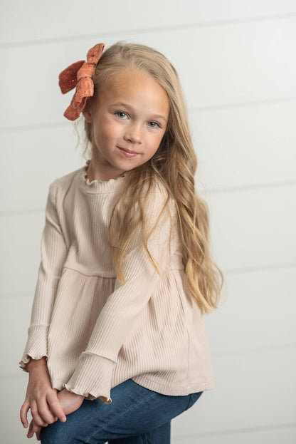 Kids Beige Ecru Long Sleeve Lettuce Trim Ribbed Fall Shirt