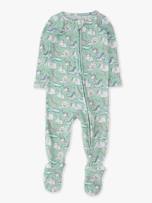 SoftSnooze™ Baby Bamboo Viscose Sage Safari Footed One Piece Pajama