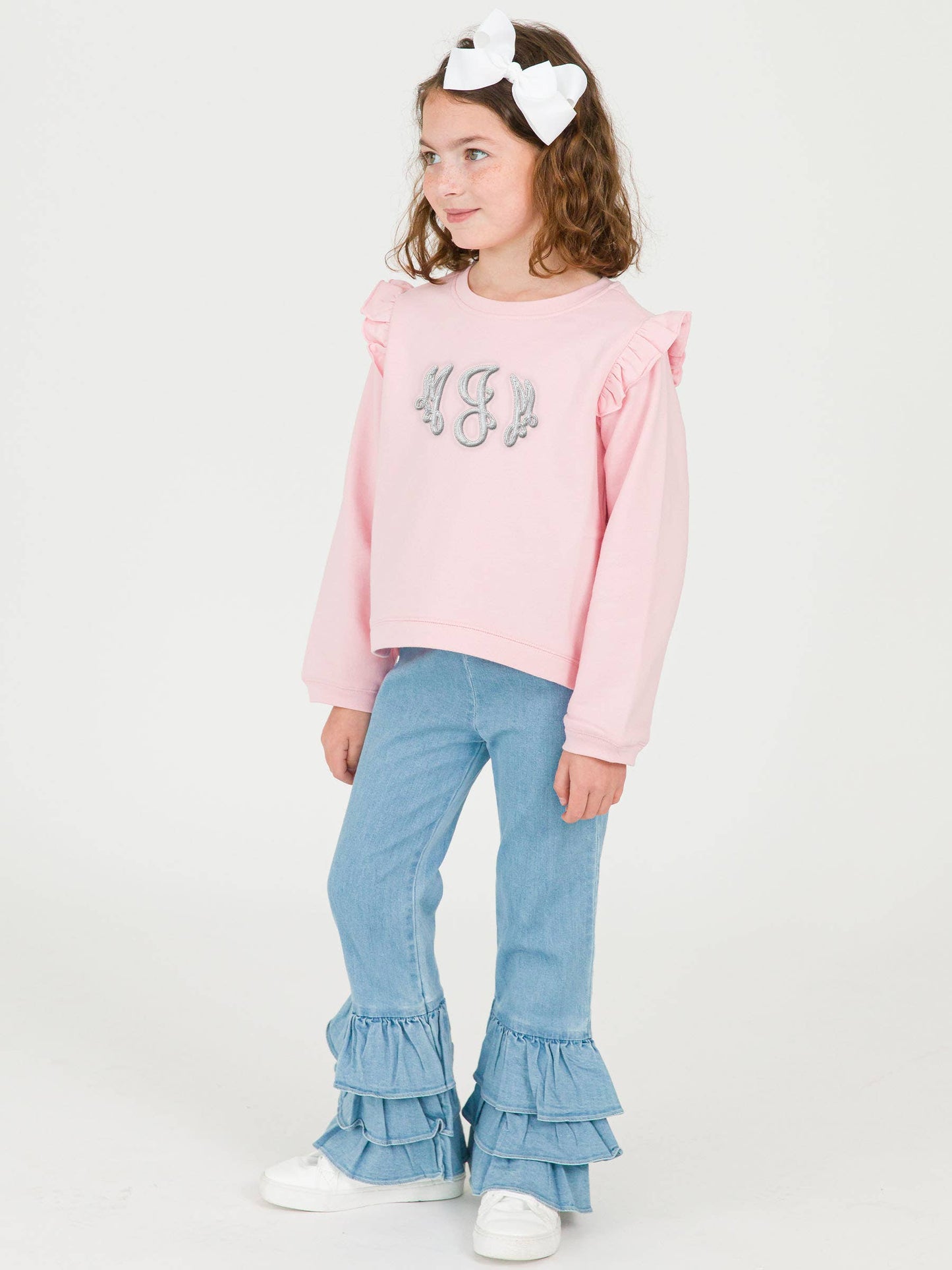 Girls Light Wash Stretch Denim Ruffle Flare Pants