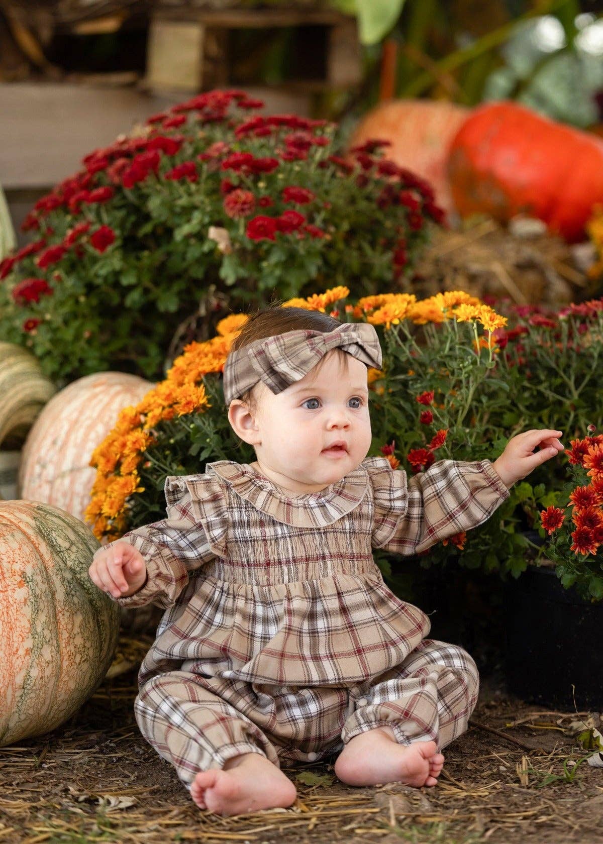 Chestnut Long Sleeve Plaid Smocked Ruffle Collar Romper