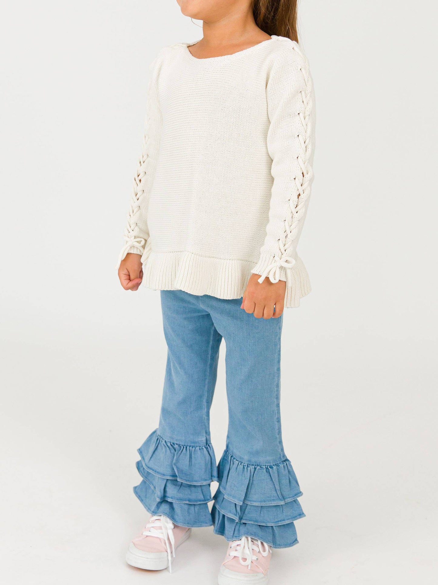 Toddler Girls Light Wash Stretch Denim Ruffle Flare Pants with Signature Rear Ruffles