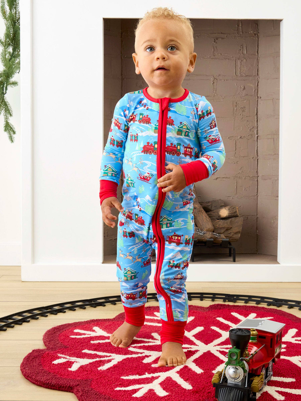 SoftSnooze™ Baby Bamboo Viscose Winter Wonderland Christmas Train Express Convertible One Piece Footie Pajama