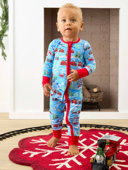 SoftSnooze™ Baby Bamboo Viscose Winter Wonderland Christmas Train Express Convertible One Piece Footie Pajama