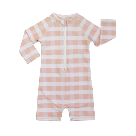 Pink Gingham Girls One Piece Rash guard Swimsuit