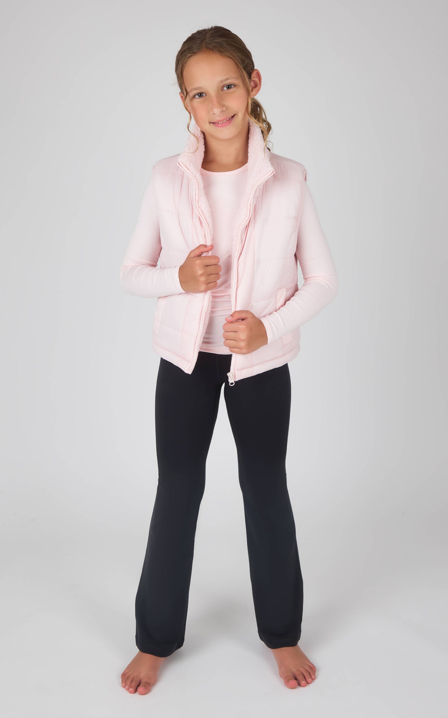 Girls Quilted Sherpa Lining Vest, Top, Flare Pant -Set