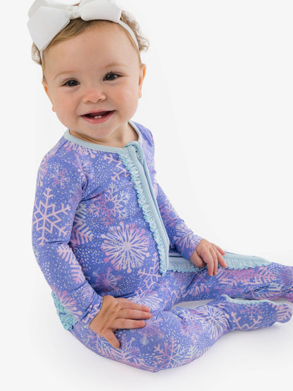 SoftSnooze™ Baby Girls Cotton Modal Shimmer Snowflakes Footed Ruffle One Piece Pajama