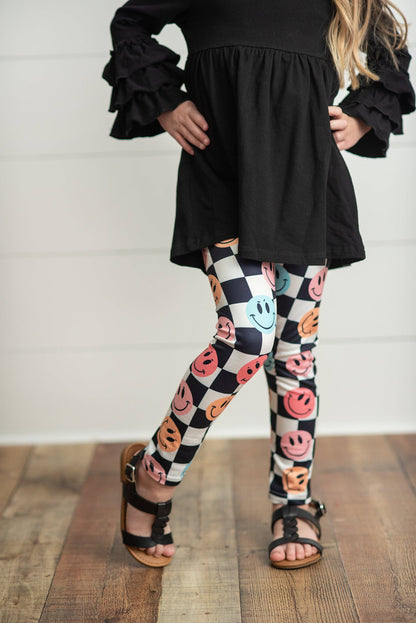 Black & White Check Smiley Face Ruffle Top Leggings Set