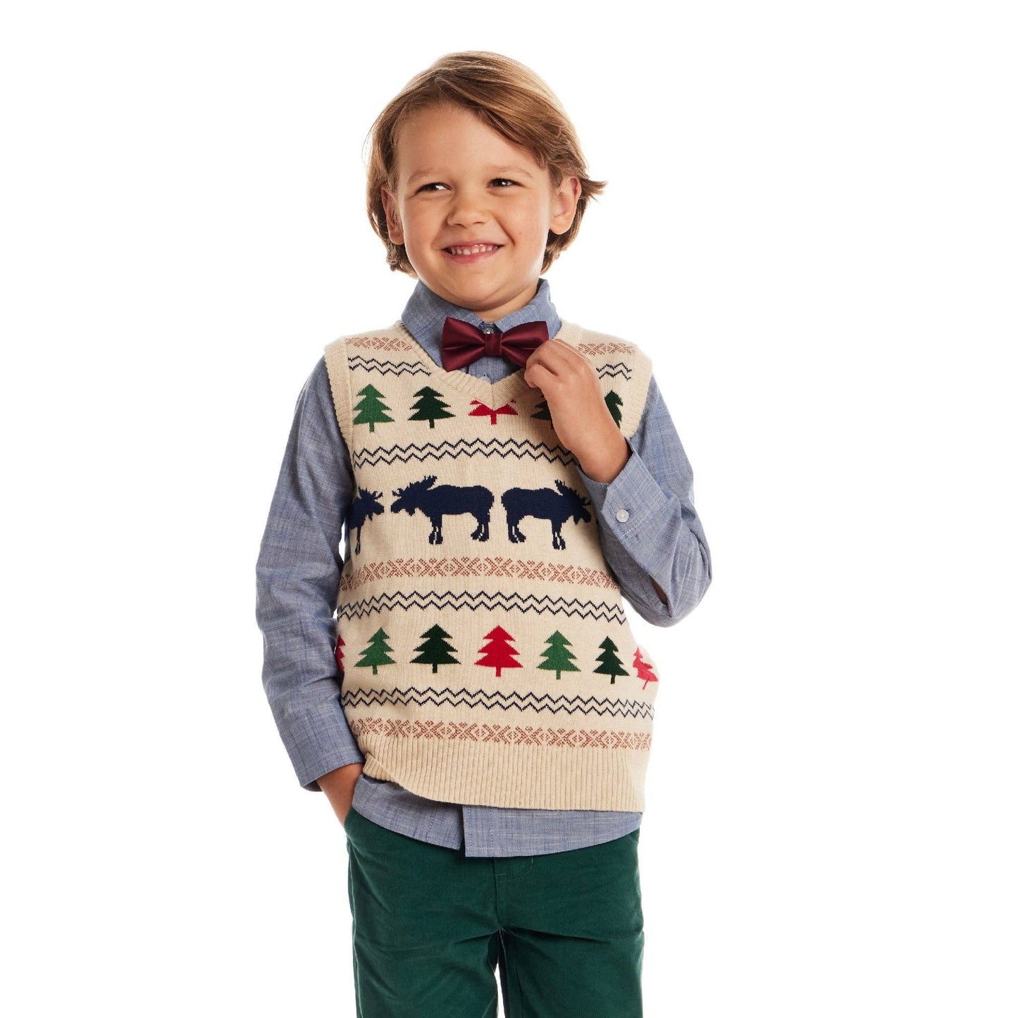 Kids Sweater Vest W/Buttondown & Twill Pant Set | Beige Fair Isle