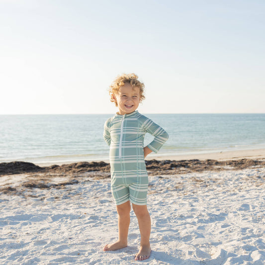 Blue Plaid Boys One Piece Rashguard  Swimsuit