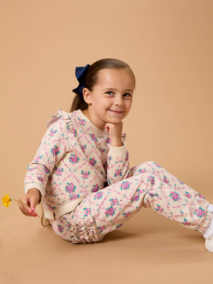 Toddler Girls Heather Oatmeal Bouquets Flutter Sweatshirt Jogger Set with Signature Rear Ruffles