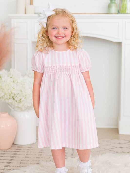 Girls Baby Pink Stripe Stripe Puff Sleeve Smocked Dress