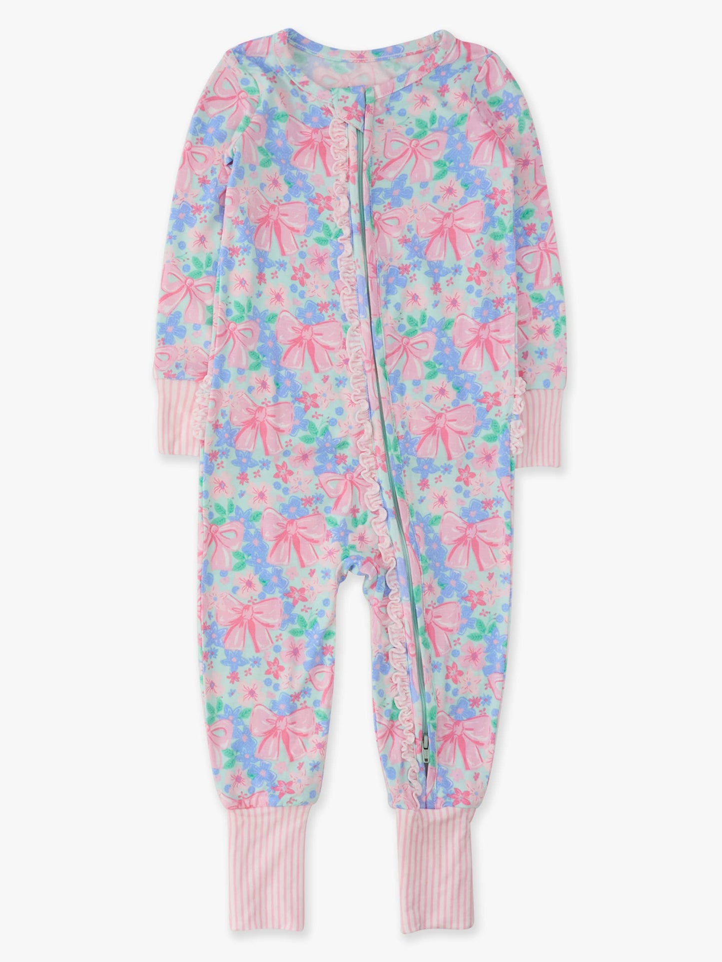 SoftSnooze™ Baby Girls Bamboo Viscose Bow Blooms Convertible Ruffle One Piece Footie Pajama