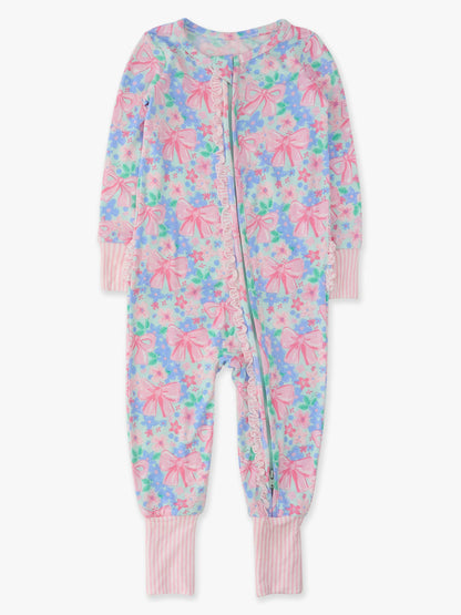 SoftSnooze™ Baby Girls Bamboo Viscose Bow Blooms Convertible Ruffle One Piece Footie Pajama
