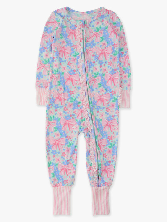SoftSnooze™ Baby Girls Bamboo Viscose Bow Blooms Convertible Ruffle One Piece Footie Pajama