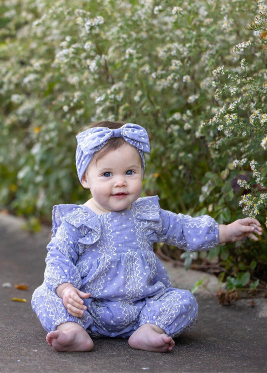 Lavender Lane Long Sleeve Print Ruffle Collar Bubble Romper