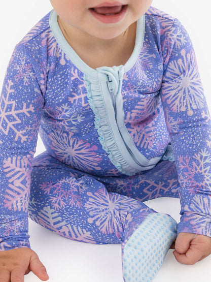 SoftSnooze™ Baby Girls Cotton Modal Shimmer Snowflakes Footed Ruffle One Piece Pajama