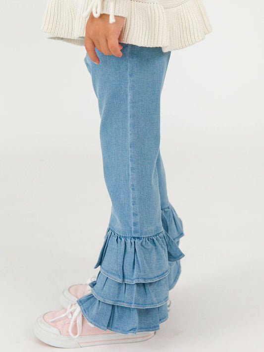 Toddler Girls Light Wash Stretch Denim Ruffle Flare Pants with Signature Rear Ruffles