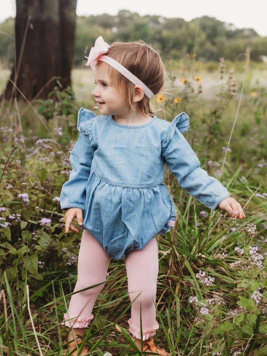 Baby Girls Light Wash Long Sleeve Flutter Bubble Romper