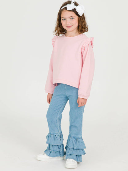 Girls Light Wash Stretch Denim Ruffle Flare Pants