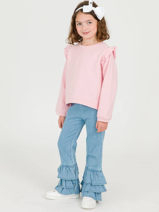 Girls Light Wash Stretch Denim Ruffle Flare Pants