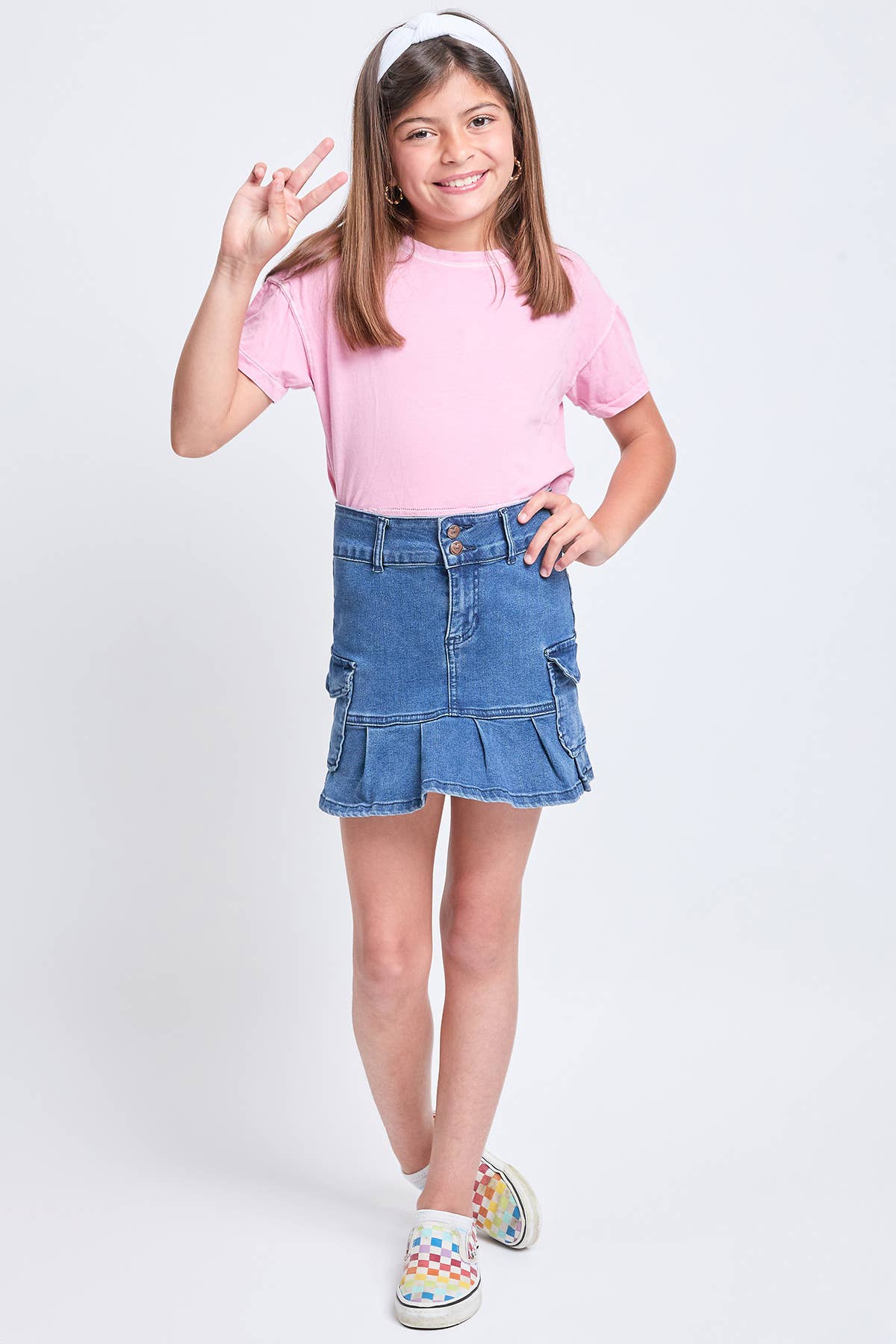 Girls Cargo Pleated Denim Mini Skirt