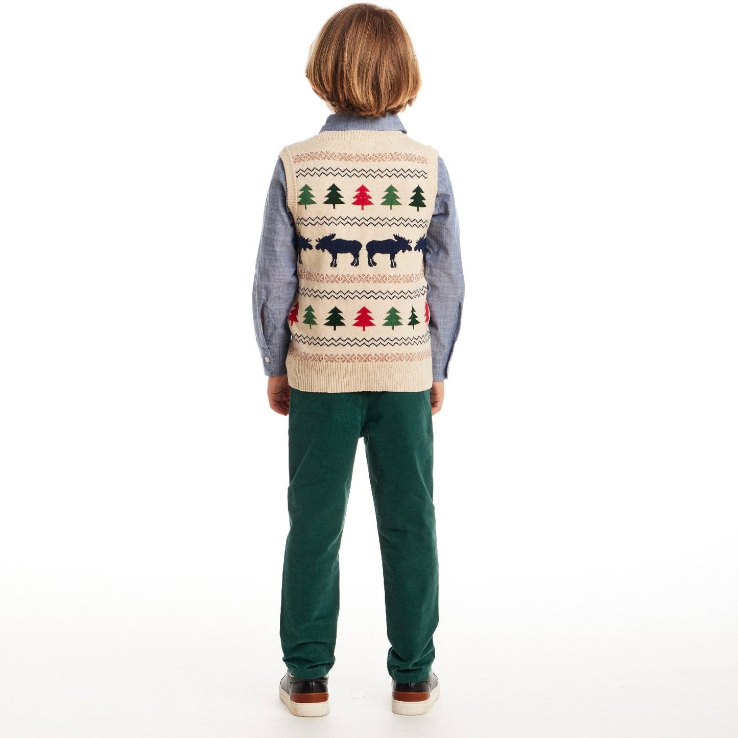 Kids Sweater Vest W/Buttondown & Twill Pant Set | Beige Fair Isle
