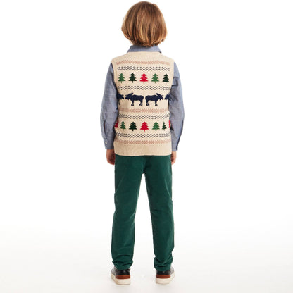 Kids Sweater Vest W/Buttondown & Twill Pant Set | Beige Fair Isle