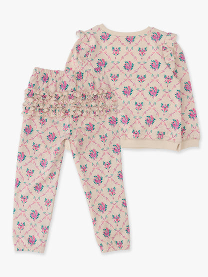 Toddler Girls Heather Oatmeal Bouquets Flutter Sweatshirt Jogger Set with Signature Rear Ruffles