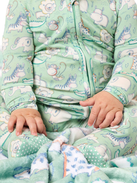 SoftSnooze™ Baby Bamboo Viscose Sage Safari Footed One Piece Pajama