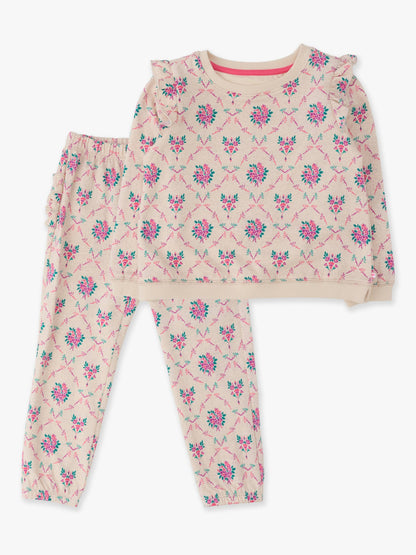 Toddler Girls Heather Oatmeal Bouquets Flutter Sweatshirt Jogger Set with Signature Rear Ruffles