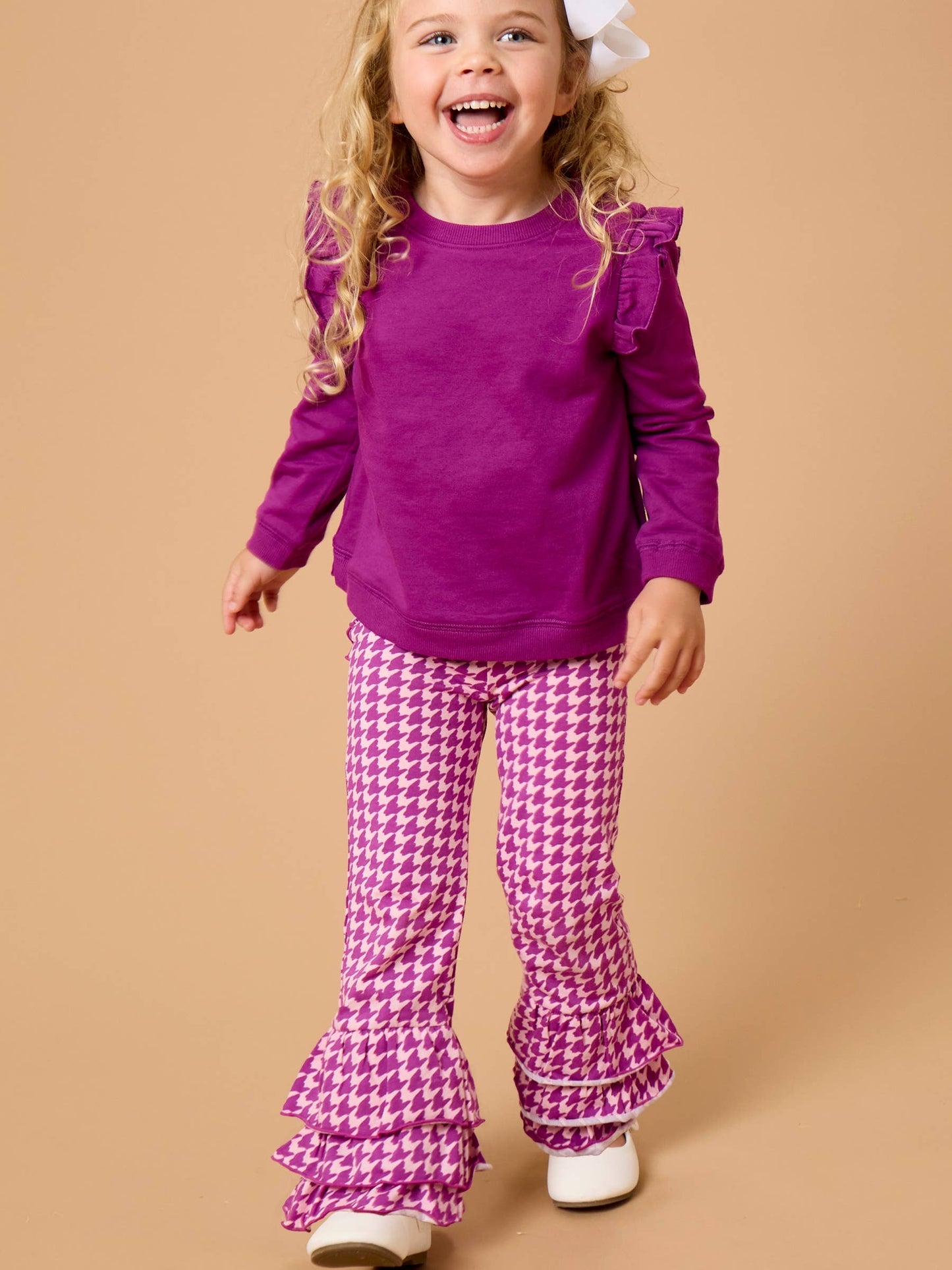 Toddler Girls Plum Tart Houndstooth Ruffle Flare Pants with Signature Rear Ruffles