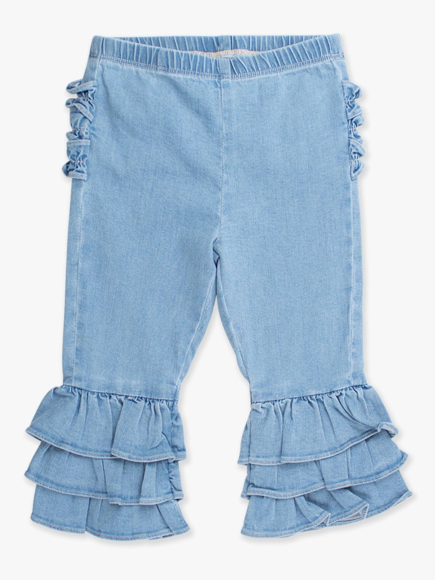 Toddler Girls Light Wash Stretch Denim Ruffle Flare Pants with Signature Rear Ruffles