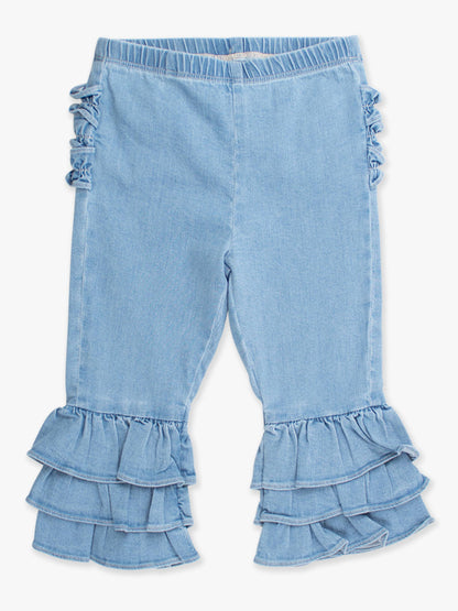Toddler Girls Light Wash Stretch Denim Ruffle Flare Pants with Signature Rear Ruffles