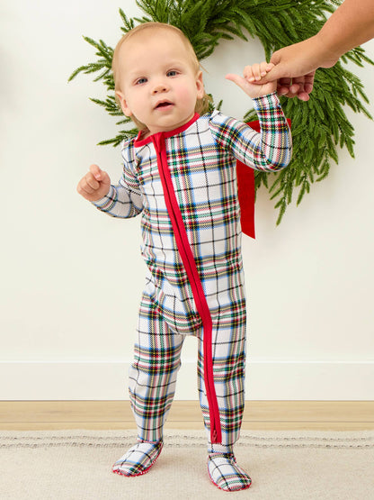 SoftSnooze™ Baby Cotton Modal White Nicholas Christmas Plaid Footed One Piece Pajama