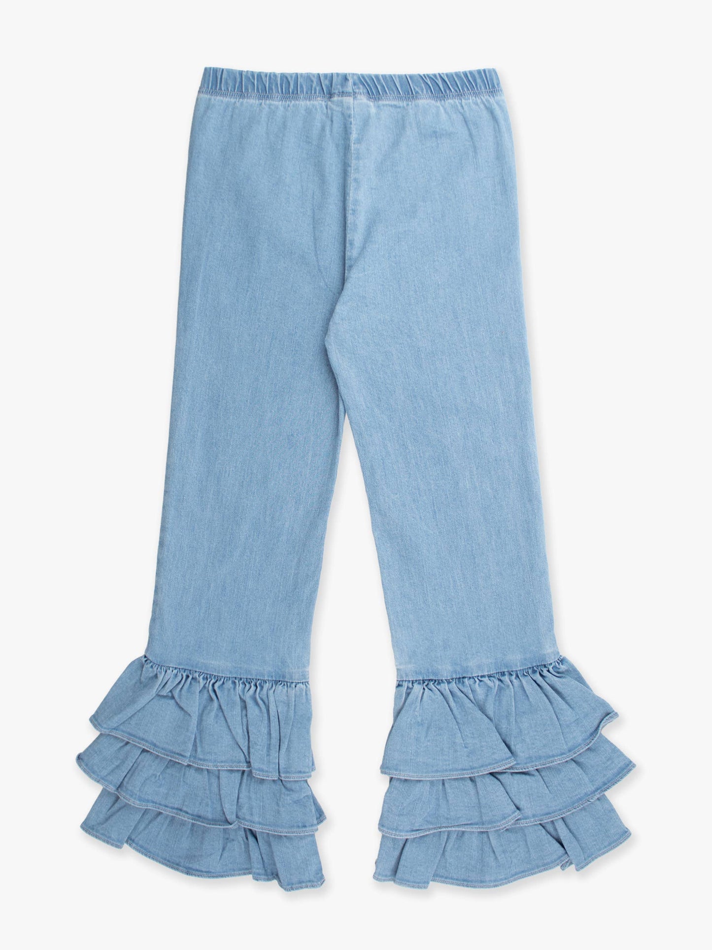 Girls Light Wash Stretch Denim Ruffle Flare Pants