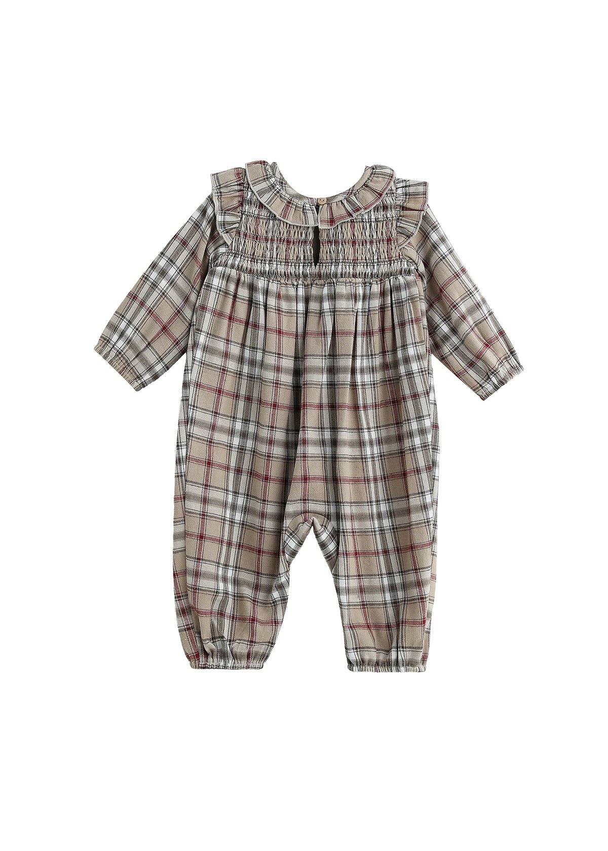 Chestnut Long Sleeve Plaid Smocked Ruffle Collar Romper