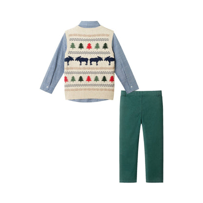 Kids Sweater Vest W/Buttondown & Twill Pant Set | Beige Fair Isle