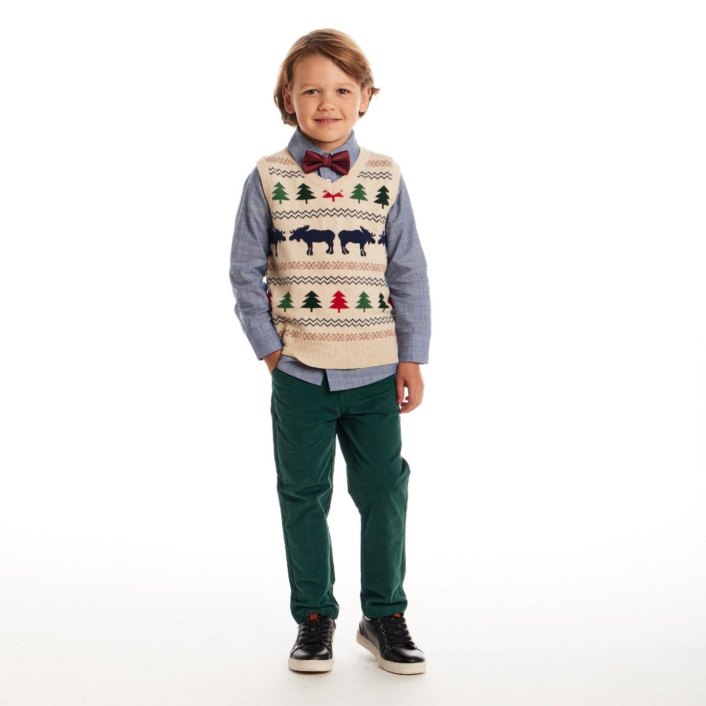 Kids Sweater Vest W/Buttondown & Twill Pant Set | Beige Fair Isle
