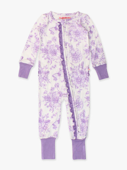 SoftSnooze™ Baby Girls Bamboo Viscose Wisteria Purple Butterfly Garden Toile Convertible Ruffle One Piece Footie Pajama