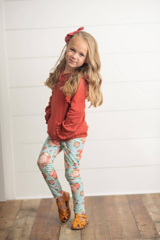 Rust Pocket Ruffle Hoodie Shirt & Leggings Fall Set