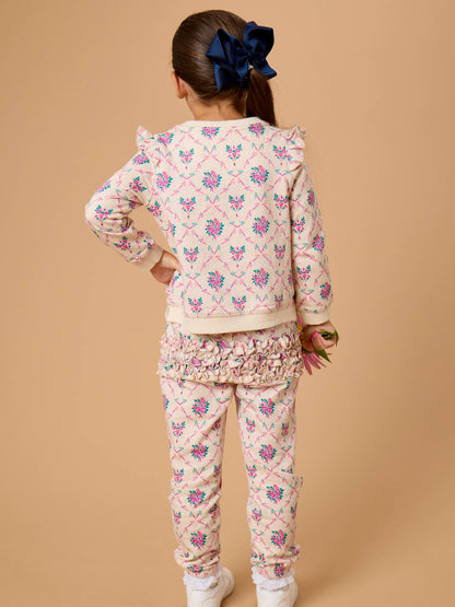 Toddler Girls Heather Oatmeal Bouquets Flutter Sweatshirt Jogger Set with Signature Rear Ruffles