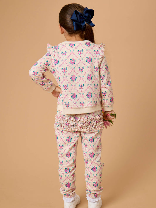 Toddler Girls Heather Oatmeal Bouquets Flutter Sweatshirt Jogger Set with Signature Rear Ruffles