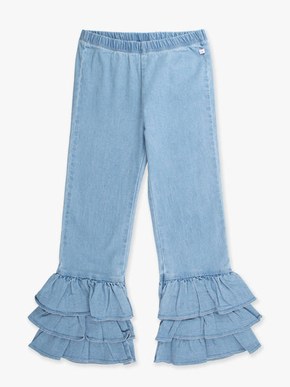Girls Light Wash Stretch Denim Ruffle Flare Pants